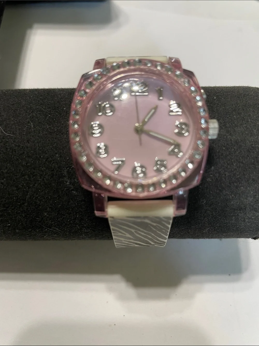 Pink Crystal Accent Womens Watch with Zebra Print Strap.  Needs Battery.